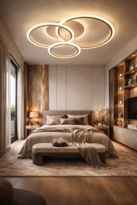 Lustră LED modernă cu design în cercuri împletite, ideală pentru dormitoare și livinguri elegante, oferind lumină uniformă și un aspect minimalist