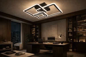 Lustră LED modernă cu rame pătrate interconectate și iluminare albă, într-un design geometric elegant