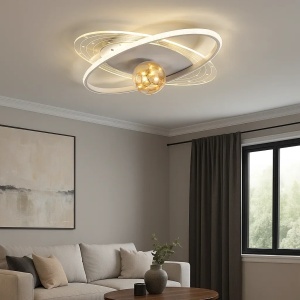 Plafonieră LED modernă cu design astral, cercuri iluminate și glob decorativ cristalin, stil contemporan