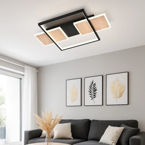 Lustră LED modernă cu design geometric din dreptunghiuri suprapuse, în finisaj negru și auriu, cu iluminare integrată