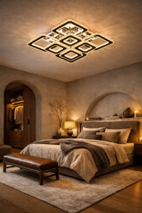 Lustră LED modernă cu rame pătrate cristaline și lumină RGB, ideală pentru un living elegant și contemporan