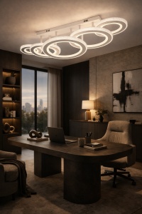 Lustră LED modernă albă cu cercuri concentrice, design geometric elegant și iluminare uniformă