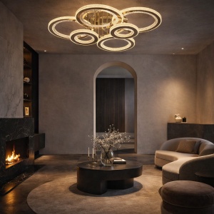 Lustră LED modernă cu inele luminoase concentrice și design geometric alb, integrată într-un decor contemporan