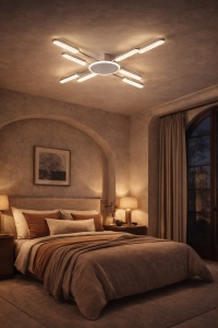 Lustră LED modernă în design geometric cu 6 brațe luminoase, ideală pentru iluminat uniform și decor contemporan