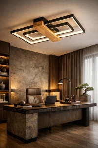 Plafonieră LED modernă cu forme geometrice și element din lemn, iluminat pentru interior