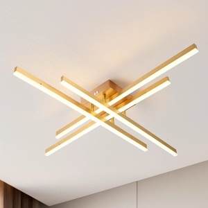 Lustră LED modernă aurie, cu bare luminoase încrucișate, ideală pentru un iluminat elegant și contemporan în living sau dormitor
