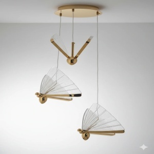 Lustră decorativă modernă în formă de libelule aurii, suspendată, cu aripi translucide și iluminare LED pentru living, dormitor sau spații elegante