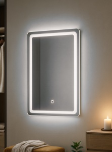 oglindă dreptunghiulară cu iluminare LED, montată pe perete, cu touch pentru controlul luminii, design modern și elegant pentru dormitor sau baie