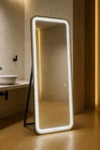 oglinda LED dreptunghiulara cu 3 tipuri de lumina rece calda neutra, agatabila si cu suport