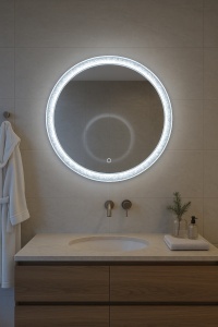 Oglindă rotundă de baie cu LED și ramă acrilică decorativă, iluminare rece, caldă și neutră cu touch control