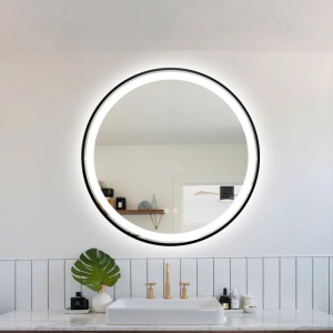 oglindă LED rotundă cu ramă din aluminiu, funcție de dezaburire și trei tipuri de lumină – rece, caldă și neutră