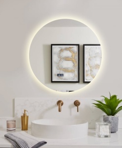 oglindă LED rotunda, moderna,  cu funcție de dezaburire, ceas digital, termometru și trei tipuri de lumină – rece, caldă și neutră