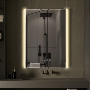 oglindă de baie modernă cu LED vertical pe laterale, design minimalist, cu funcție touch și lumină rece,calda , neutra cu dezaburire
