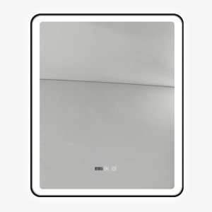 oglindă LED de baie cu ramă din aluminiu, funcție de dezaburire, afișaj digital pentru ceas și termometru, design modern cu colțuri rotunjite