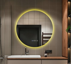 oglindă LED rotunda, moderna,  cu funcție de dezaburire, ceas digital, termometru și trei tipuri de lumină – rece, caldă și neutră