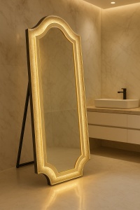Oglindă de podea cu ramă de sticlă decorată cu strass argintiu și iluminare LED stil modern