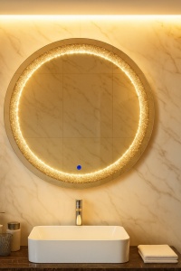 Oglindă rotundă de baie cu iluminare LED și ramă de sticlă decorată cu strass argintiu
