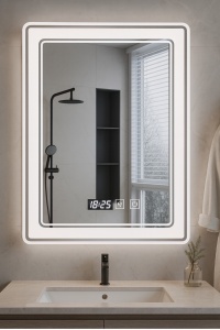 oglindă rectangulară de baie cu LED, ceas digital, funcție dezaburire și iluminare rece, caldă și neutră