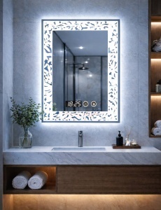 Oglinda baie LED cu model decorativ si afisaj digital iluminare moderna