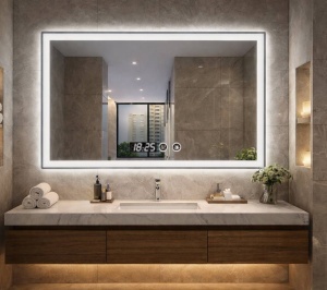 Oglinda baie LED dreptunghiulara cu iluminare si afisaj digital design modern