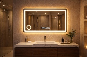 Oglinda LED DECORIALE cu Dezaburire , Ceas , Termometru si Inel pentru Cosmetica 90x70cm - "Mirona"