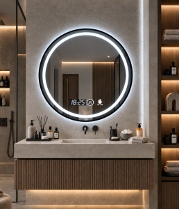 Oglinda baie LED rotunda cu rama neagra, afisaj digital si senzor de miscare