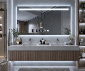 Oglinda moderna pentru baie cu LED, functii smart si senzor de miscare