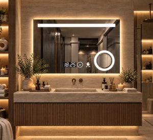 Oglinda LED DECORIALE cu Senzor de Mișcare, Dezaburire , Ceas , Termometru si Inel pentru Cosmetica 80x60cm - "Senvar"