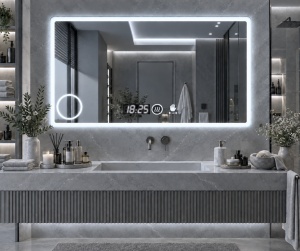 Oglinda moderna pentru baie cu LED, functii smart inel luminos pentru cosmetica si senzor de miscare