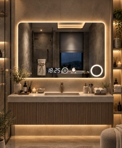 Oglinda LED DECORIALE cu Senzor de Mișcare, Inel pentru Cosmetica, Dezaburire, Ceas și Termometru 90x70cm - "Nedor"