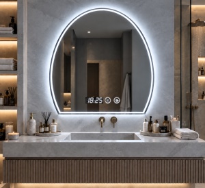 Oglinda baie LED ovala cu baza dreapta, afisaj digital si buton touch, design modern