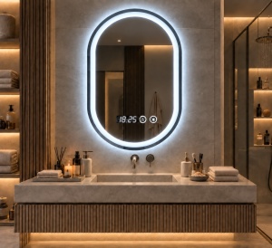 Oglinda baie LED ovala verticala cu afisaj digital si buton touch, design modern