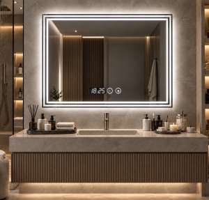 Oglinda baie dreptunghiulara cu LED, display digital si functie touch