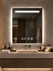 Oglinda baie dreptunghiulara cu LED, display digital si functie touch