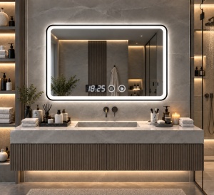 Oglinda smart dreptunghiulara cu rama neagra, ceas digital si buton touch