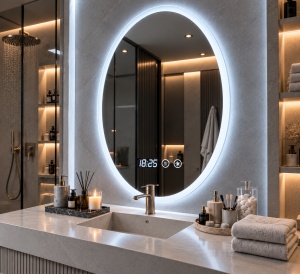 Oglinda baie LED ovala verticala cu afisaj digital si buton touch, design modern