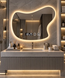 Oglinda LED Touch DECORIALE cu Dezaburire , Ceas si Termometru 80x60cm - "Kivos"