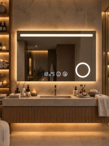 Oglinda LED Touch DECORIALE cu Inel pentru Cosmetica, Dezaburire , Ceas si Termometru 80x60cm - "Novar"