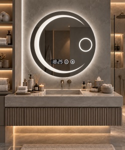 Oglinda baie LED rotunda cu afisaj digital si buton touch, inel luminos pentru cosmetica design modern
