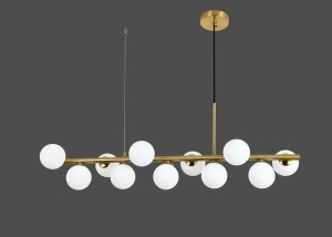 Lustră modernă aurie cu globuri opal, iluminat suspendat decorativ pentru living sau dining în stil contemporan elegant