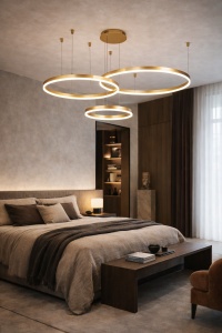 Lustră LED suspendată cu trei inele aurii, design modern minimalist și lumină caldă uniformă