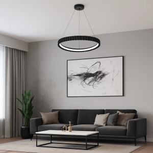 Lustră LED modernă rotundă neagră, suspendată, design minimalist pentru living, iluminat decorativ eficient și elegant pentru interioare contemporane