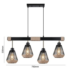 Lustră rustică cu frânghie și abajururi metalice, iluminat decorativ vintage pentru living sau dining