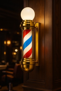 lampă de perete barbershop, aurie, cu spirală roșu, alb și albastru și glob luminos, 70cm