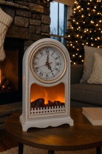 Șemineu ornamental vintage alb cu ceas retro și foc artificial, accesoriu decorativ pentru casă