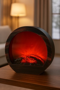 șemineu electric decorativ rotund cu efect de jar roșu, agățabil pe perete