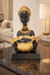 Statuetă africană decorativă cu suport în formă de frunză aurie, obiect elegant pentru bijuterii sau fructe decorative