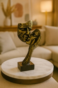 Statuetă decorativă măști sărut auriu, simbol al iubirii abstracte