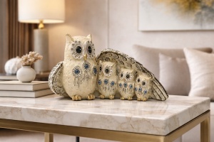 Set statuete bufnițe decorative cu pui, simbol al înțelepciunii și protecției familiei