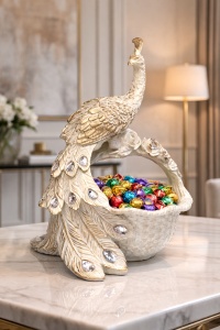 Statueta paun decorativ cu bol pentru fructe sau dulciuri